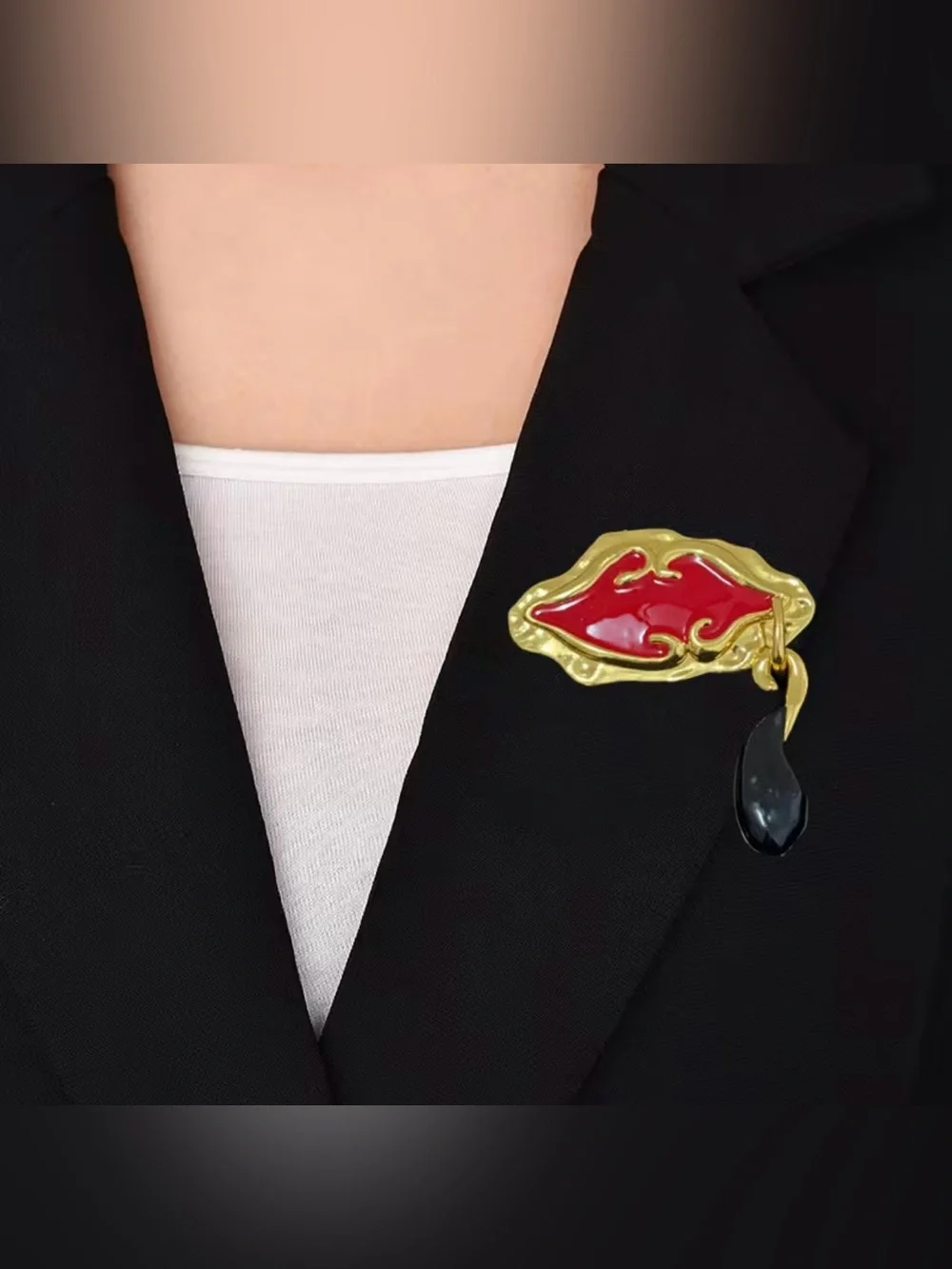 Schiaparelli Inspired Gold-Tone Red Lip & Black Teardrop Statement Brooch